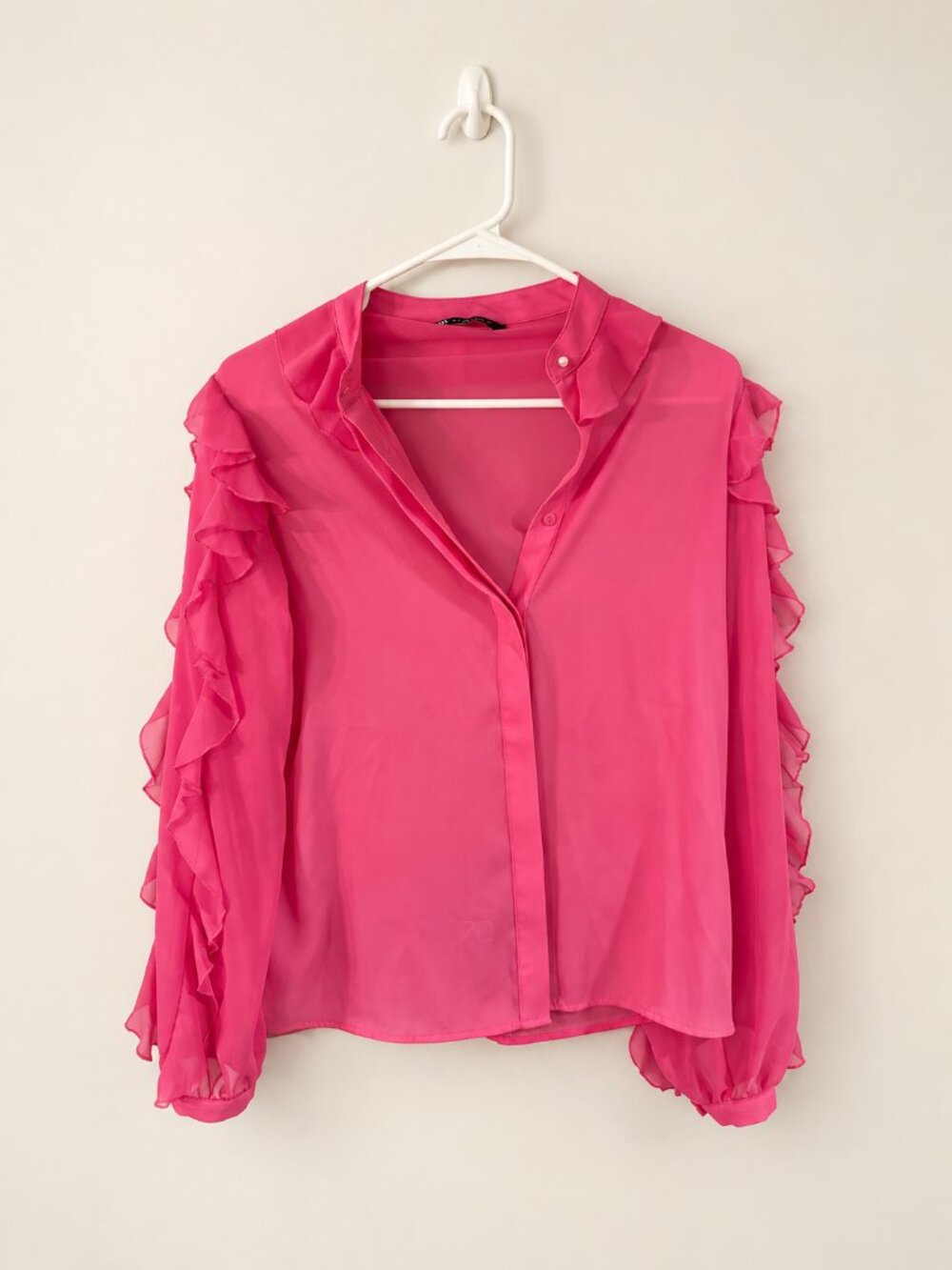 Zara Hot Pink Sheer Ruffle-Sleeve Button Blouse S